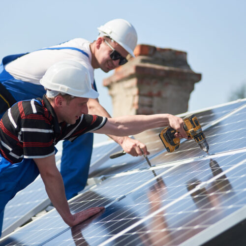 Male,Team,Workers,Installing,Stand-alone,Solar,Photovoltaic,Panel,System,Using